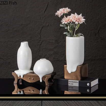 Modern white ceramic liquid vase living room melting bronze decor