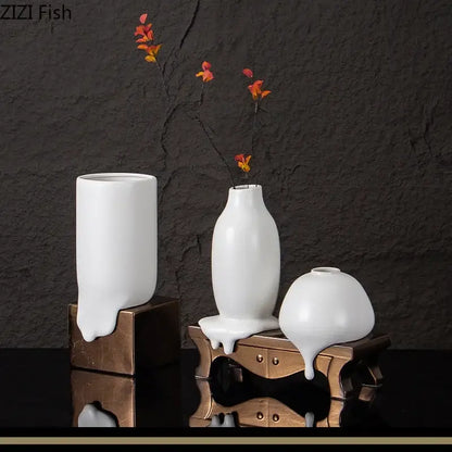 Modern white ceramic liquid vase living room melting bronze decor