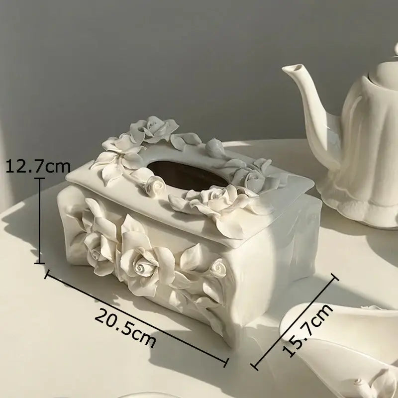 Modern white ceramic tissue box with camellia flower for living room