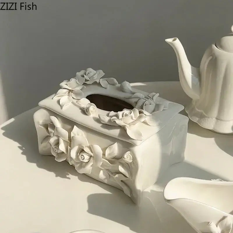 Modern white ceramic tissue box with camellia flower for living room