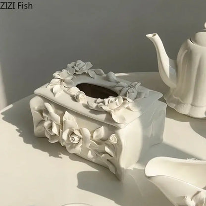 Modern white ceramic tissue box with camellia flower for living room