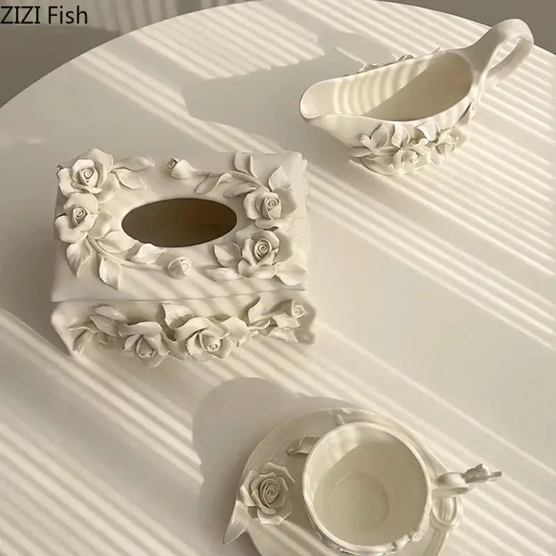Modern white ceramic tissue box with camellia flower for living room