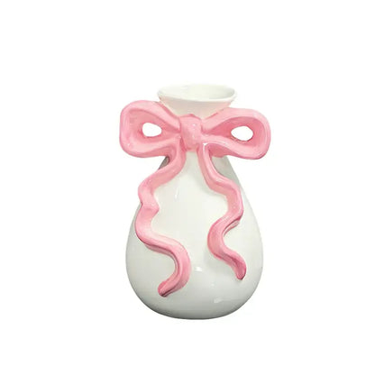 Modern white ceramic vase with pink cute bow living room decor