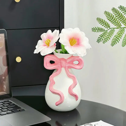 Modern white ceramic vase with pink cute bow living room decor
