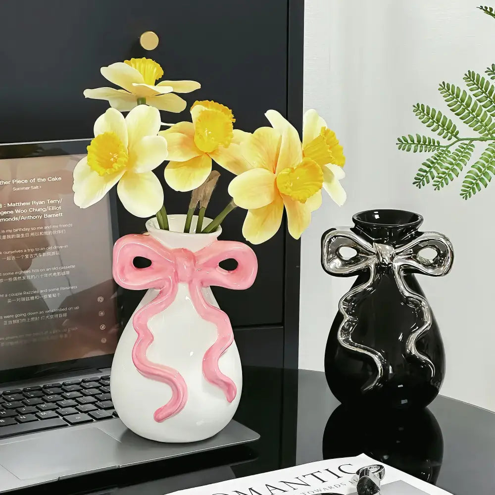 Modern white ceramic vase with pink cute bow living room decor