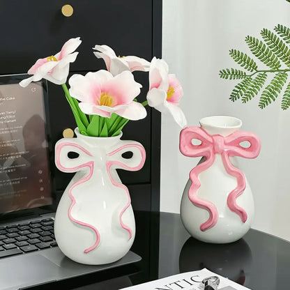 Modern white ceramic vase with pink cute bow living room decor