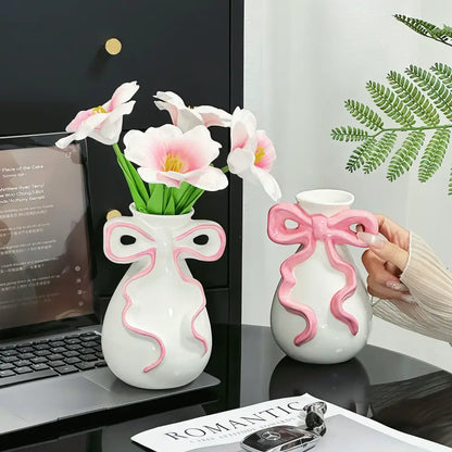 Modern white ceramic vase with pink cute bow living room decor