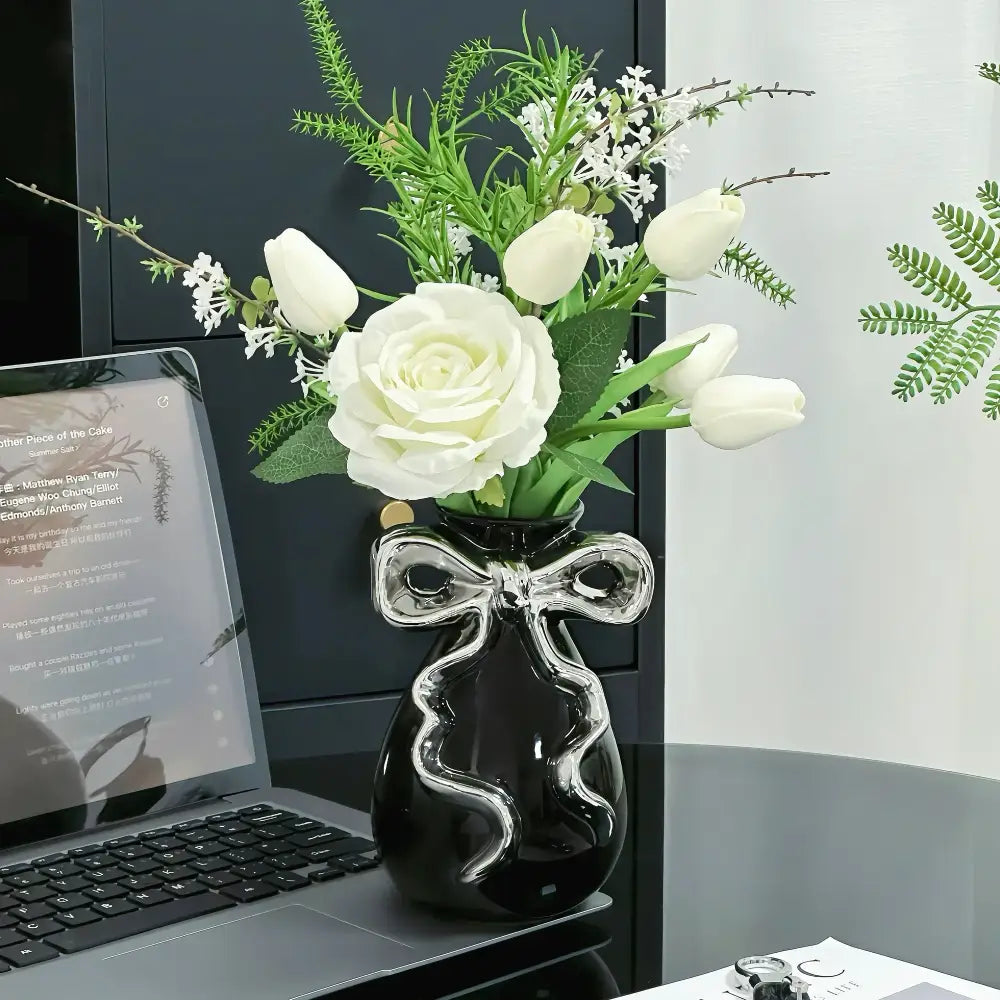 Modern white ceramic vase with pink cute bow living room decor