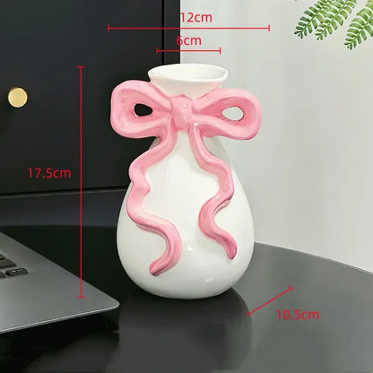Modern white ceramic vase with pink cute bow living room decor