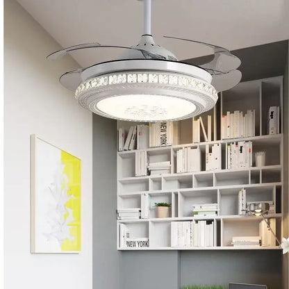Modern white crystal chandeliers ceiling fans with led for bedroom