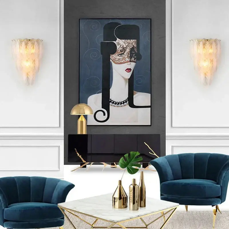 Modern white crystal feather wall lamp bedroom gold pearl sconce