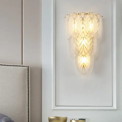 Modern white crystal feather wall lamp bedroom gold pearl sconce