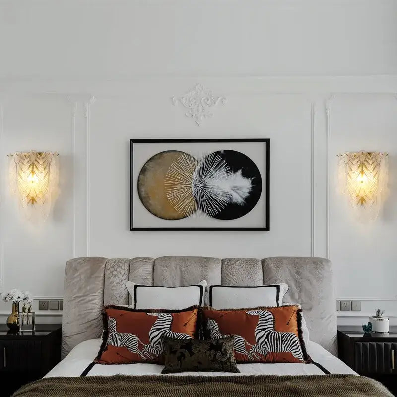 Modern white crystal feather wall lamp bedroom gold pearl sconce