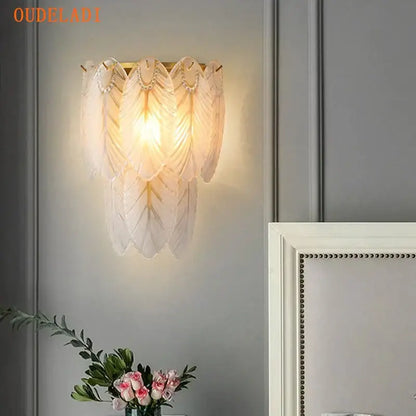 Modern white crystal feather wall lamp bedroom gold pearl sconce