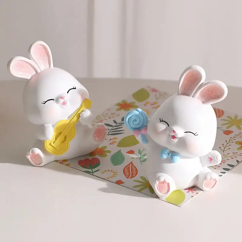 Modern white cute bunny figurine sculpture bedroom blue bow tie decor