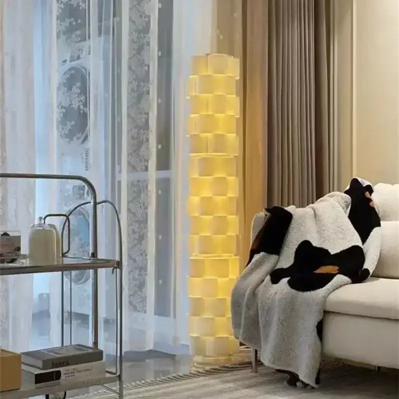 Modern white cylindrical vertical floor lamp for living room