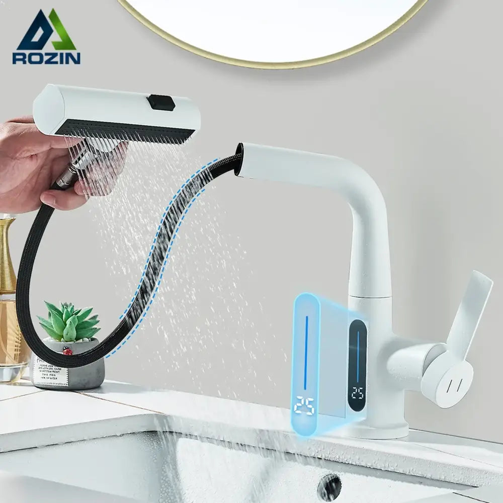 Modern white digital display basin faucet bathroom pull out shower head