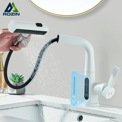 Modern white digital display basin faucet bathroom pull out shower head