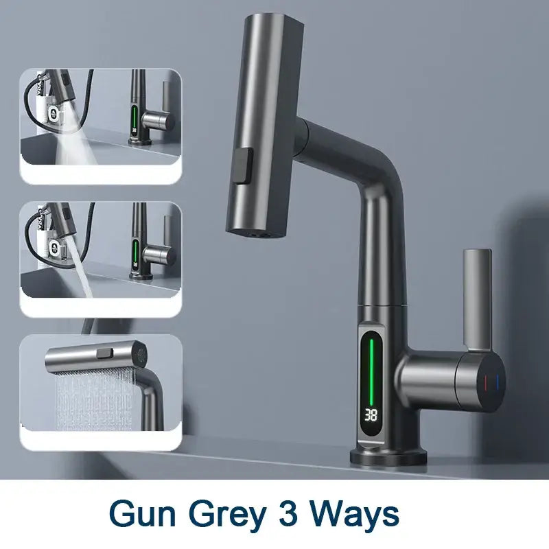 Modern white digital display basin faucet bathroom pull out shower head