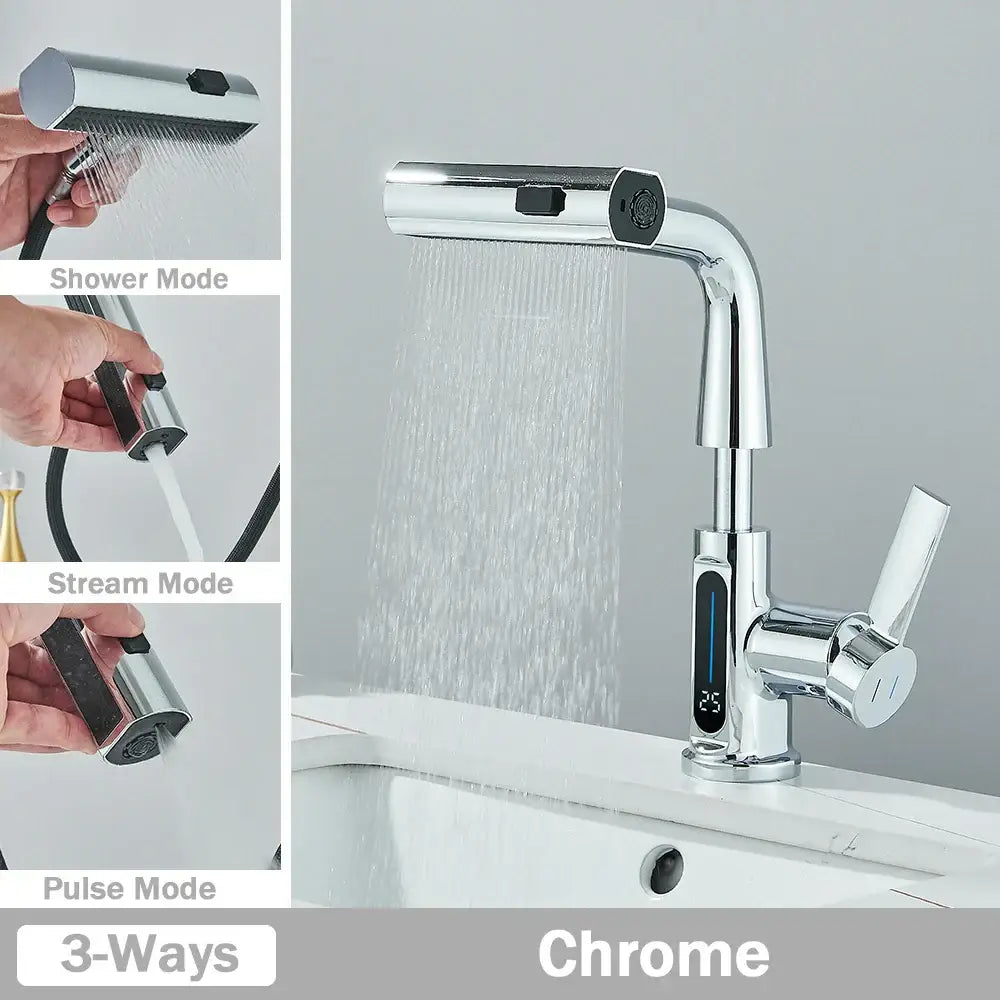 Modern white digital display basin faucet bathroom pull out shower head