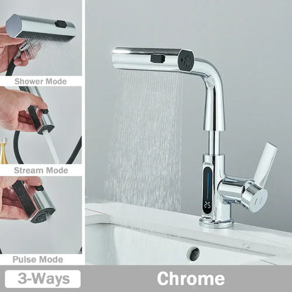 Modern white digital display basin faucet bathroom pull out shower head