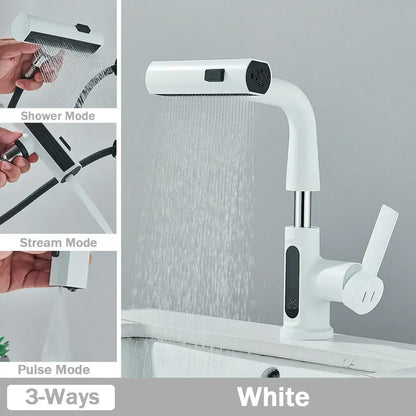 Modern white digital display basin faucet bathroom pull out shower head