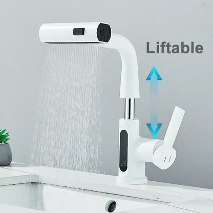Modern white digital display basin faucet bathroom pull out shower head