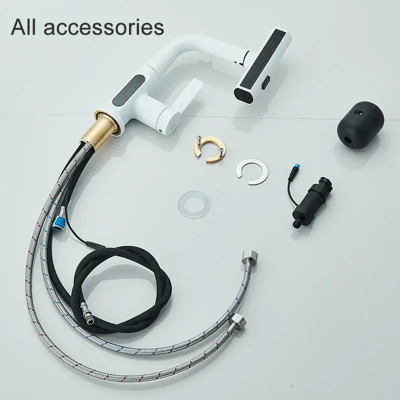 Modern white digital display basin faucet bathroom pull out shower head