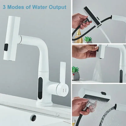 Modern white digital display basin faucet bathroom pull out shower head