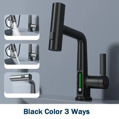 Modern white digital display basin faucet bathroom pull out shower head