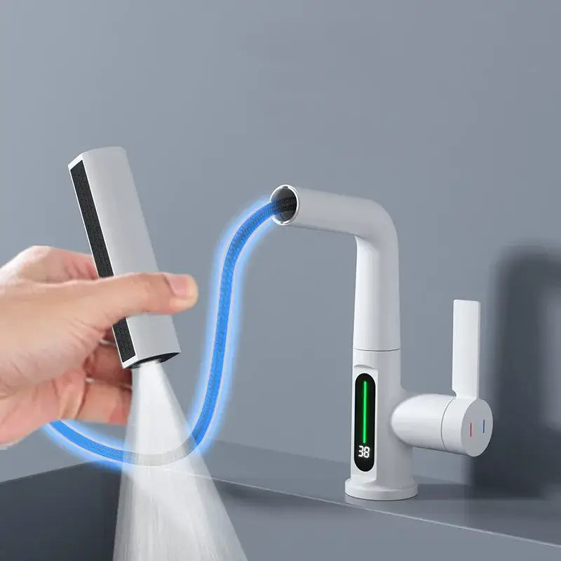 Modern white digital display brass basin faucet for bathroom