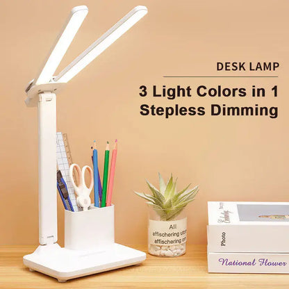 Modern white dual arm led desk lamp with pen holder bedroom light