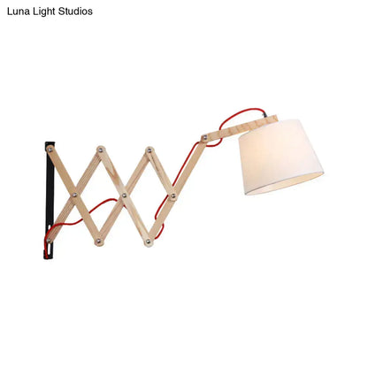 Modern white fabric wall lamp with wood extendable arm living room