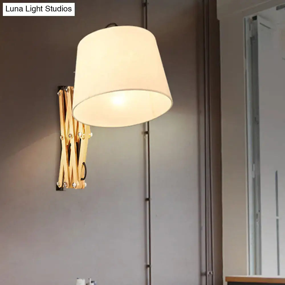Modern white fabric wall lamp with wood extendable arm living room