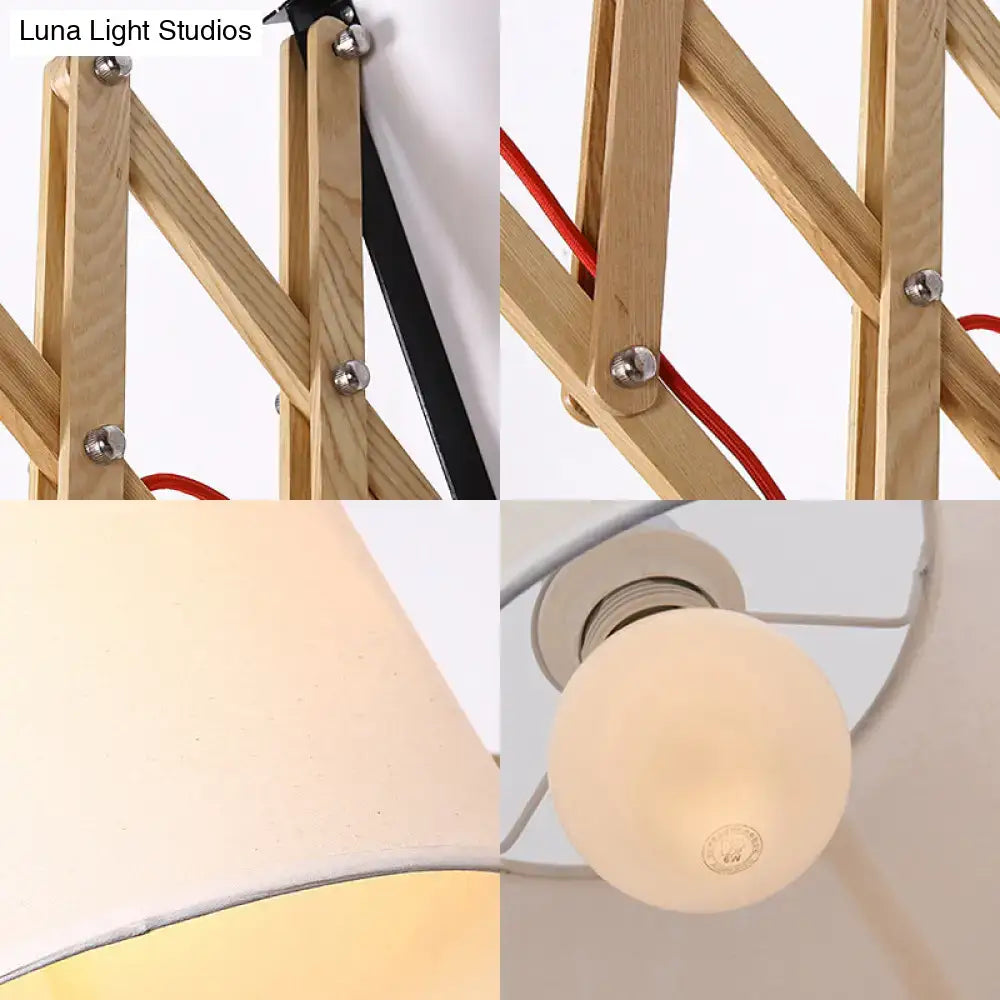 Modern white fabric wall lamp with wood extendable arm living room