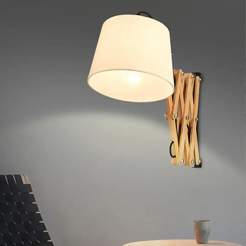 Modern white fabric wall lamp with wood extendable arm living room