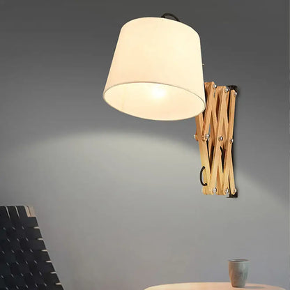 Modern white fabric wall lamp with wood extendable arm living room