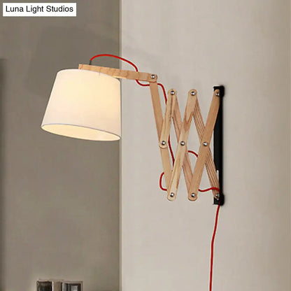 Modern white fabric wall lamp with wood extendable arm living room
