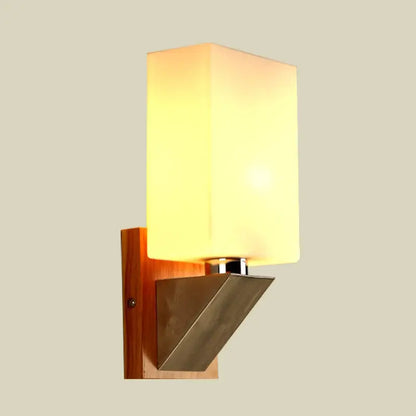 Modern white frosted glass wall lamp bedroom wood metal base