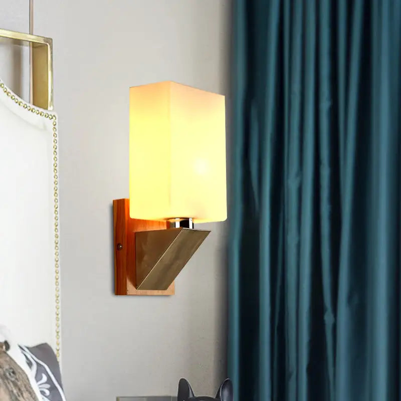 Modern white frosted glass wall lamp bedroom wood metal base