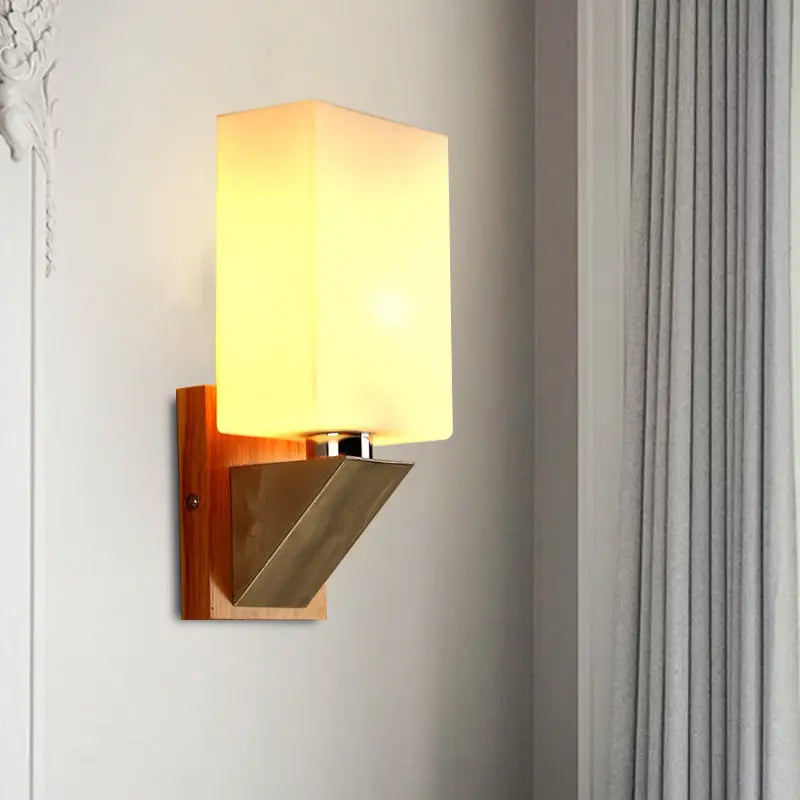 Modern white frosted glass wall lamp bedroom wood metal base