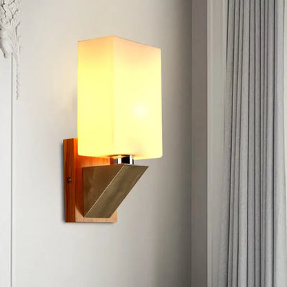 Modern white frosted glass wall lamp bedroom wood metal base