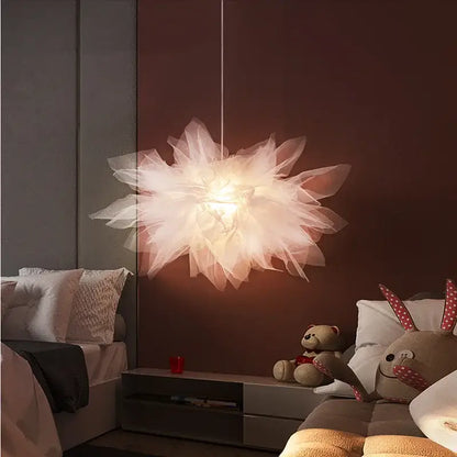 Modern white gauze flower pendant light bedroom chandelier