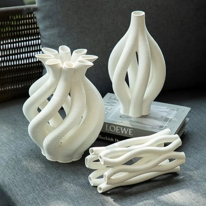 Modern white geometric ceramic hollow vases living room decor