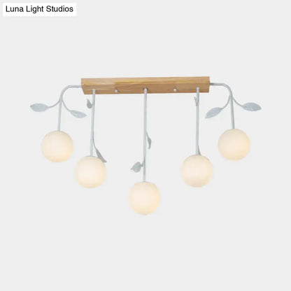 Modern white glass orb island light with wood canopy kitchen pendant