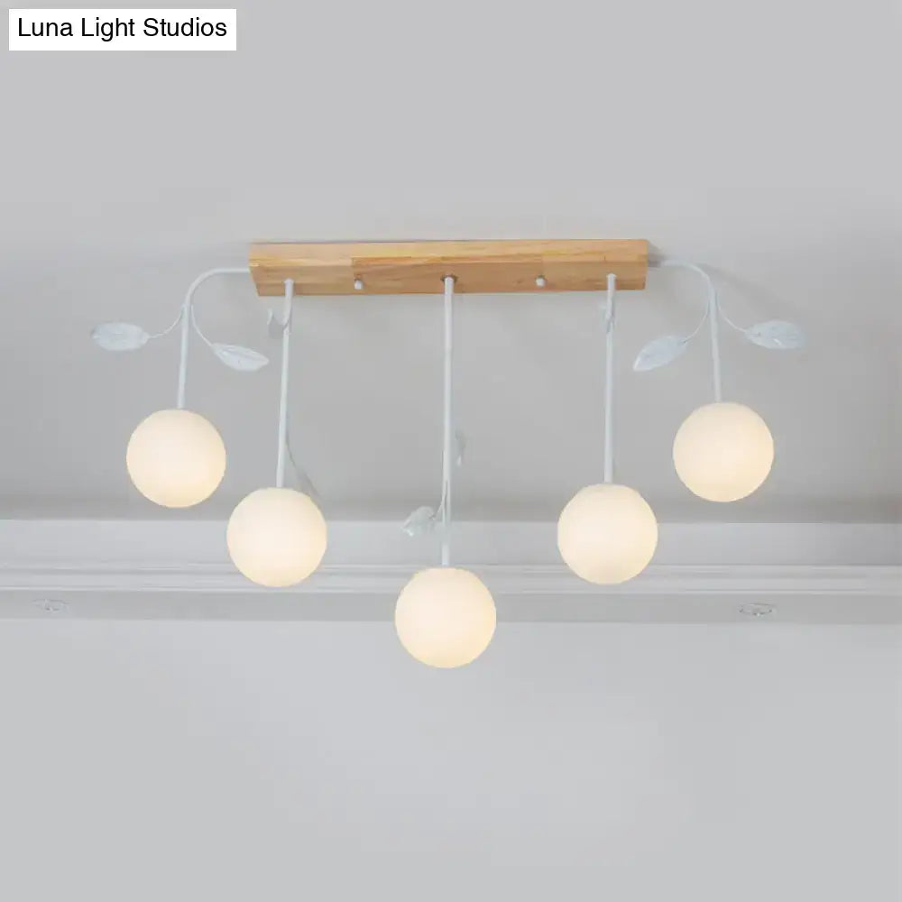Modern white glass orb island light with wood canopy kitchen pendant