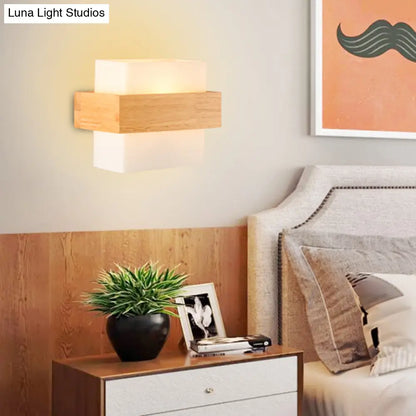 DecorBites™ Modern White Glass Rectangle Sconce with Wooden Accents - Single-Bulb Wall Light Fixture