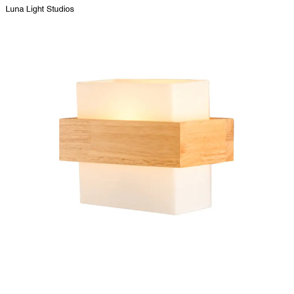 DecorBites™ Modern White Glass Rectangle Sconce with Wooden Accents - Single-Bulb Wall Light Fixture