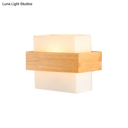 DecorBites™ Modern White Glass Rectangle Sconce with Wooden Accents - Single-Bulb Wall Light Fixture