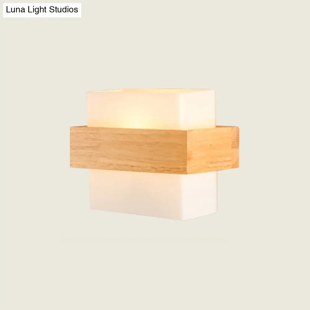 DecorBites™ Modern White Glass Rectangle Sconce with Wooden Accents - Single-Bulb Wall Light Fixture